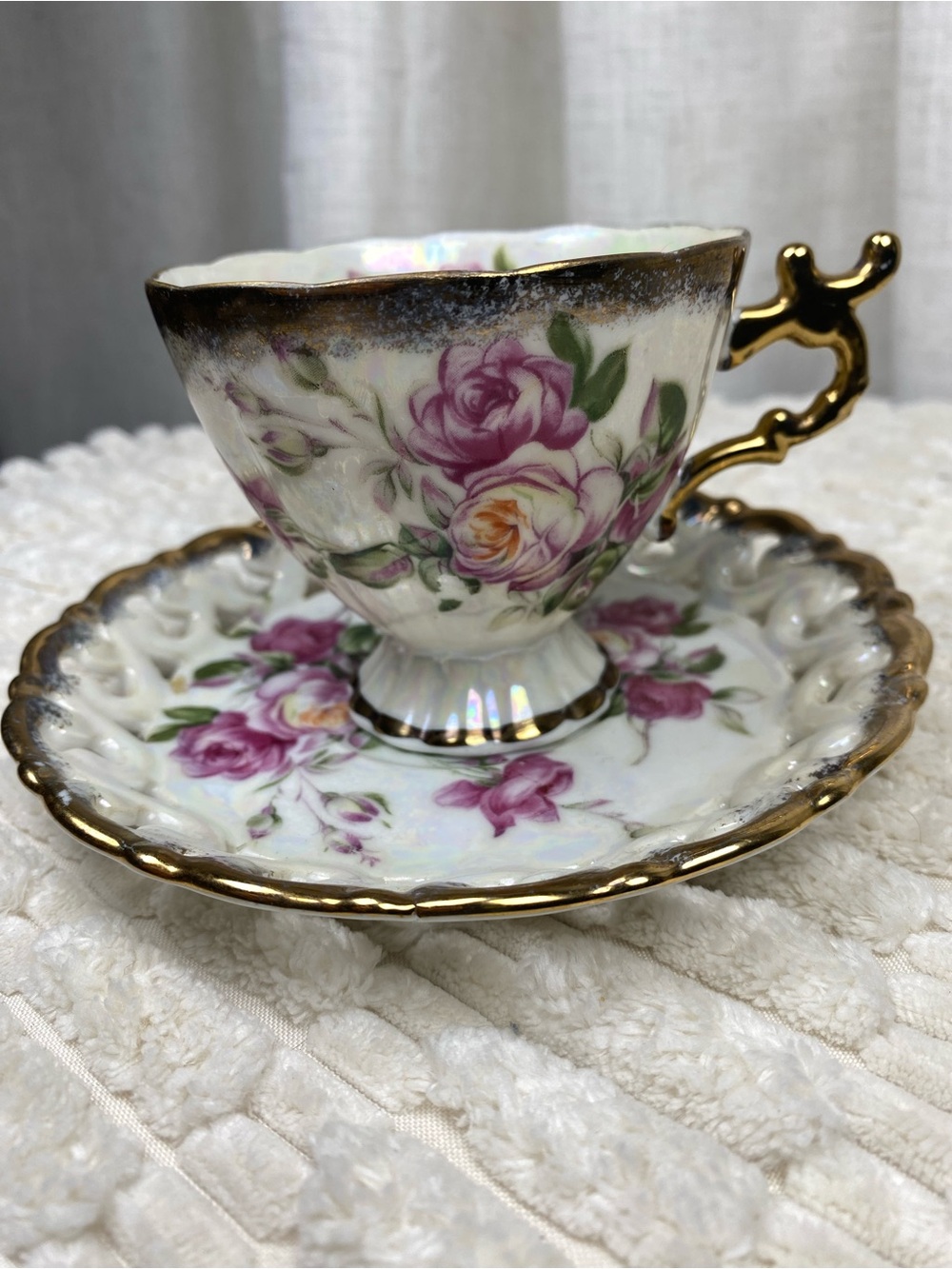 Vintage 1950s Shafford Japan Pink Rose Lusterware Tea Cup Saucer Reticulated Set